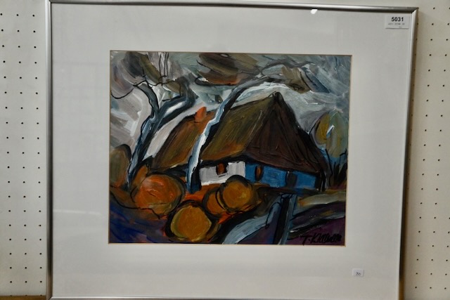 1 olieverfschilderij achter glas, gesigneerd